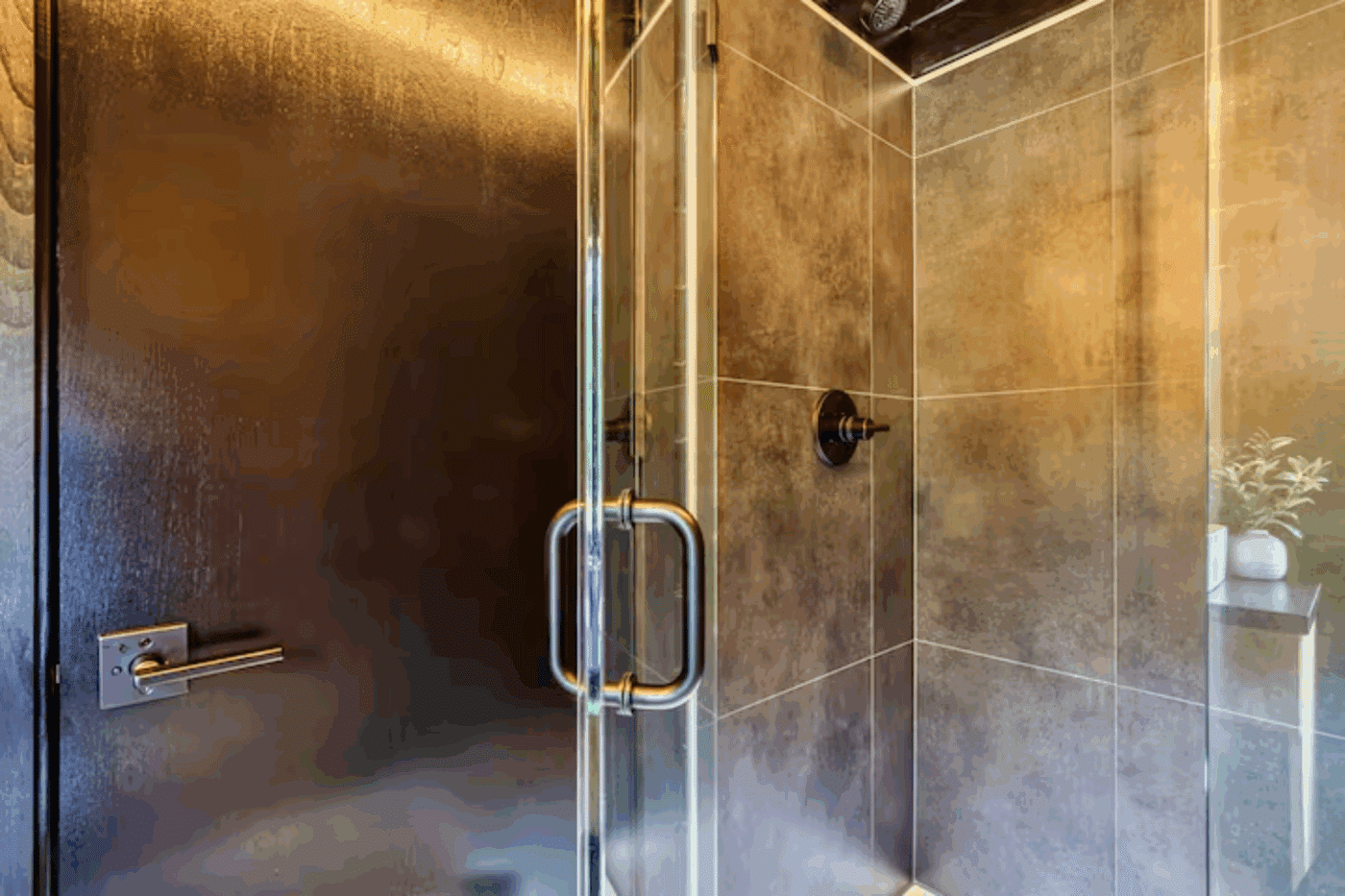 upgraded shower of Nook Family peak finished park model tiny home in Cosby Tenessee