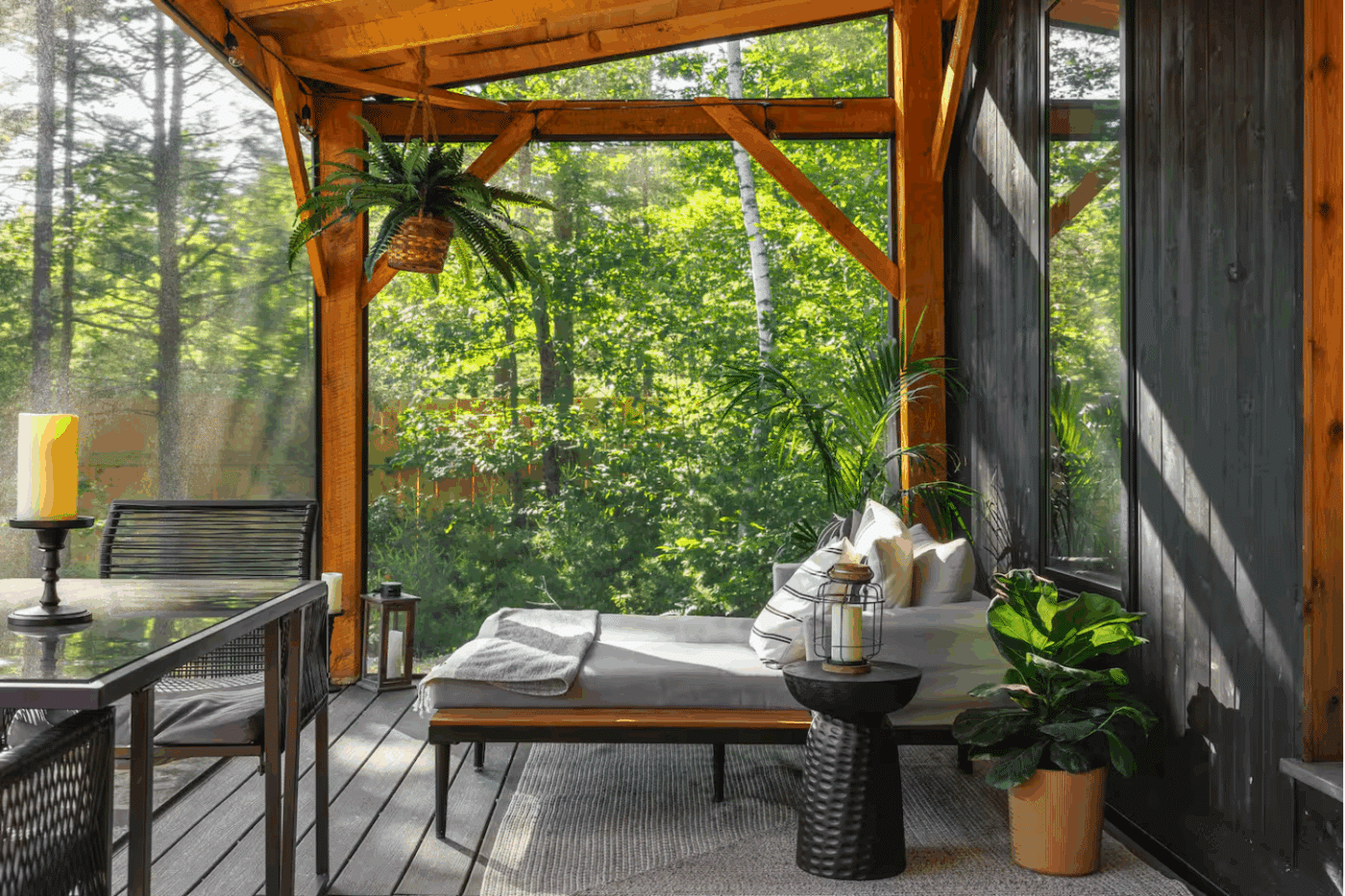 Enjoyable covered porch on the A Frame park model tiny home designed at Psy Homes in South Berwick Maine