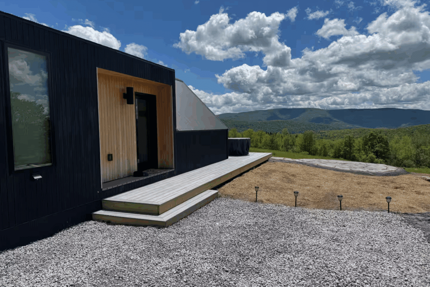 entrance to 1 bedroom 1 bathroom A Frame ADU in Fleischmanns New York buitl and designed by Psy Homes