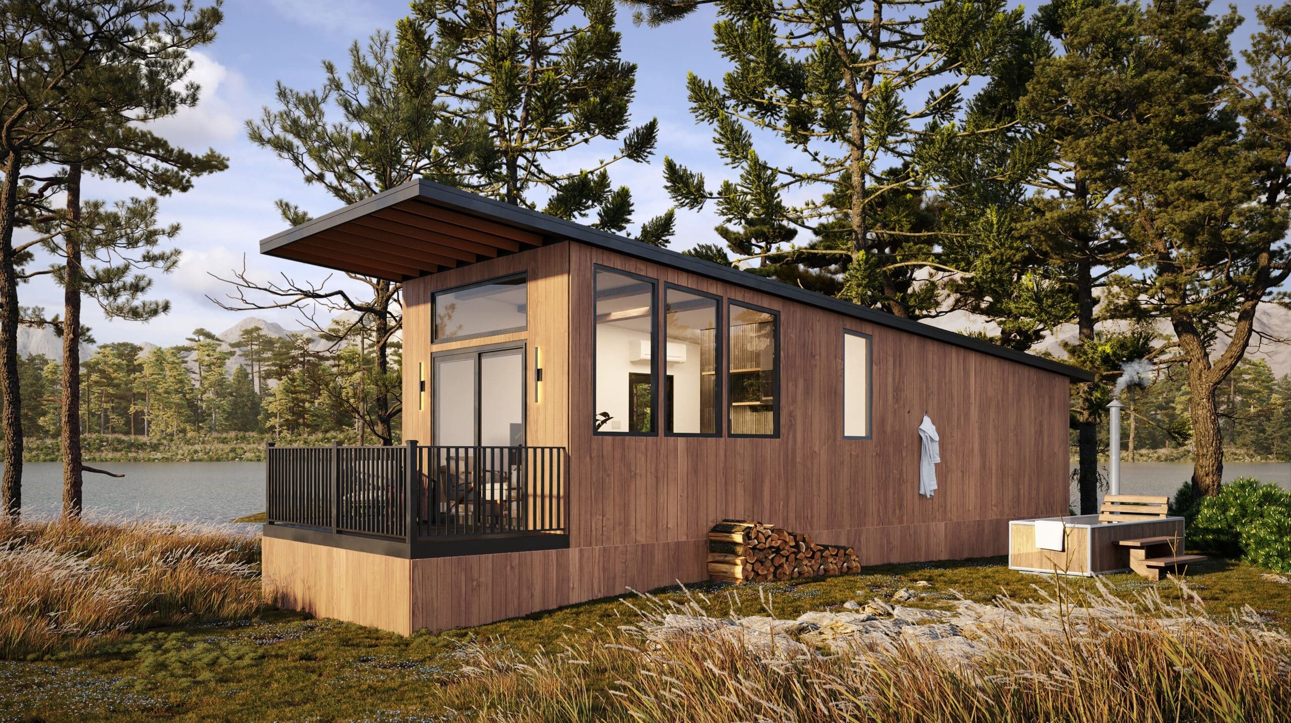 Modern lakefront tiny home with a wooden exterior, large windows, a cozy deck, and a wood-fired hot tub, surrounded by trees and natural greenery.
