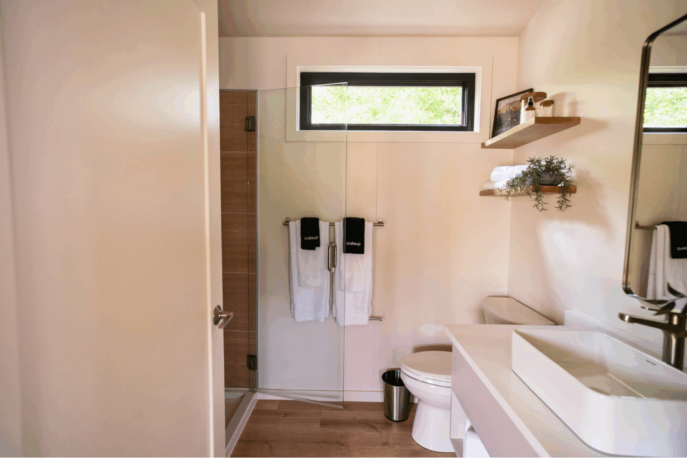 Walk in shower of Zook cabins Sonoma park model tiny home Red Run Resort at site 102 in New Holland pa