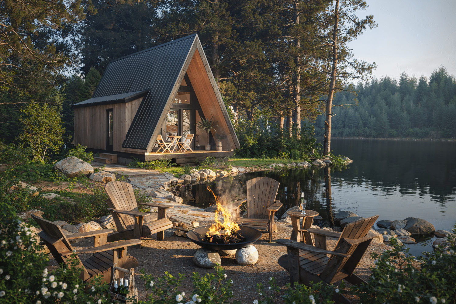 A frame Cottage Lakeside scene built by Zook Built and designed by Psy Homes