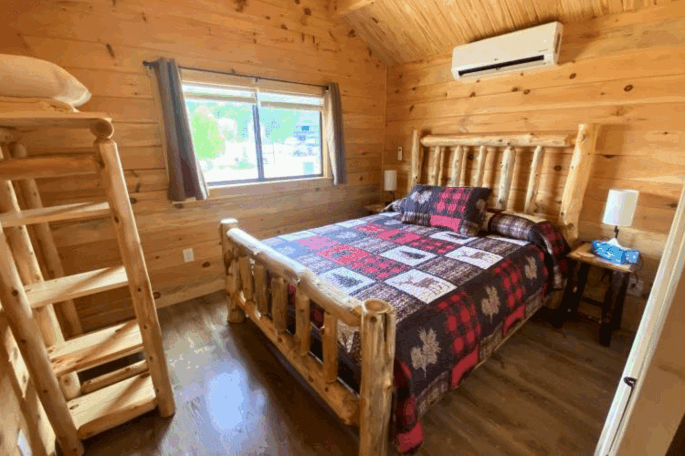 master bedroom of Aspen 2 park model tiny home at Keweenaw Water Resort In Michigan UP