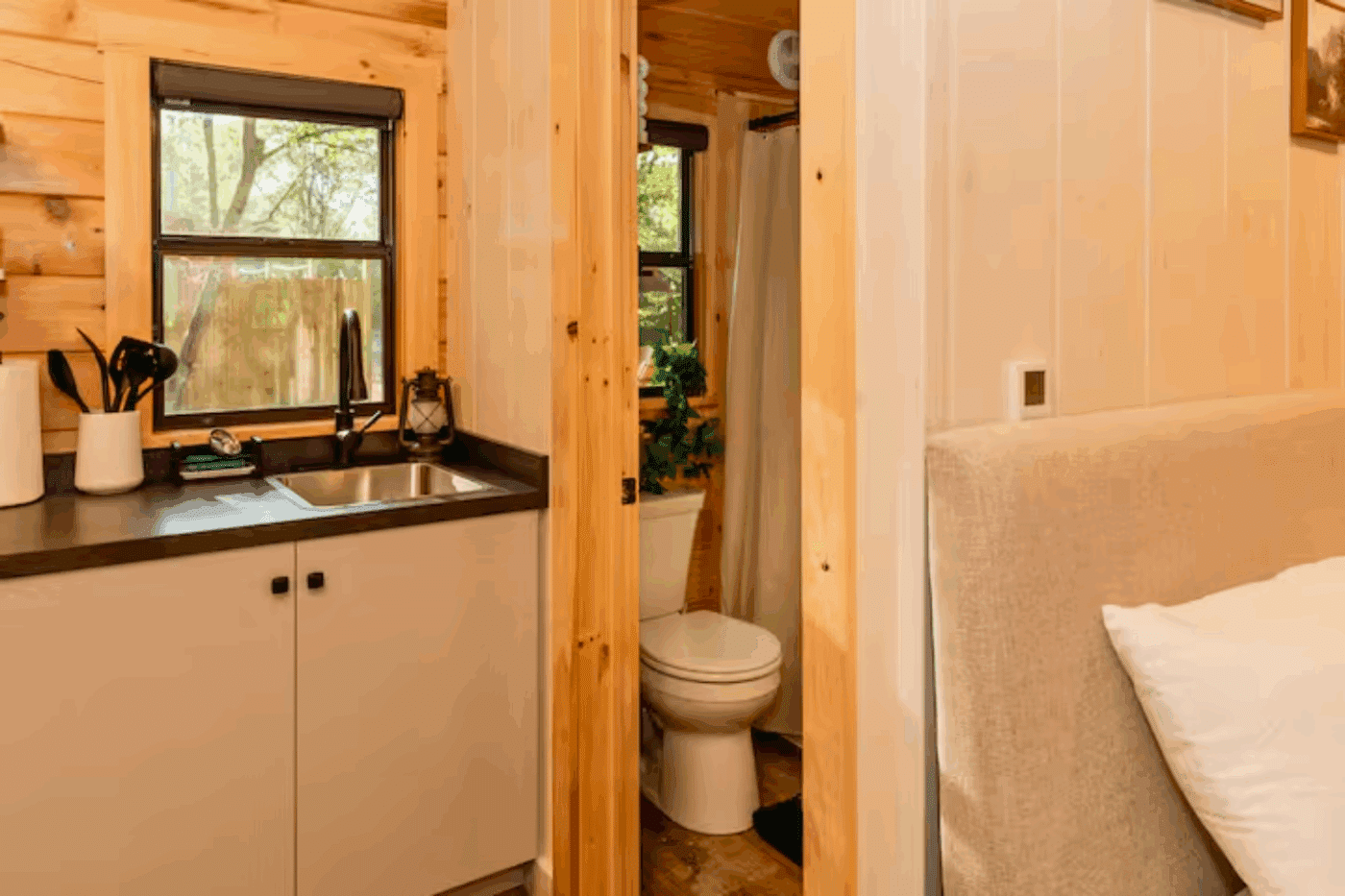 bathroom of log studio park model tiny home in James River PA studio 1