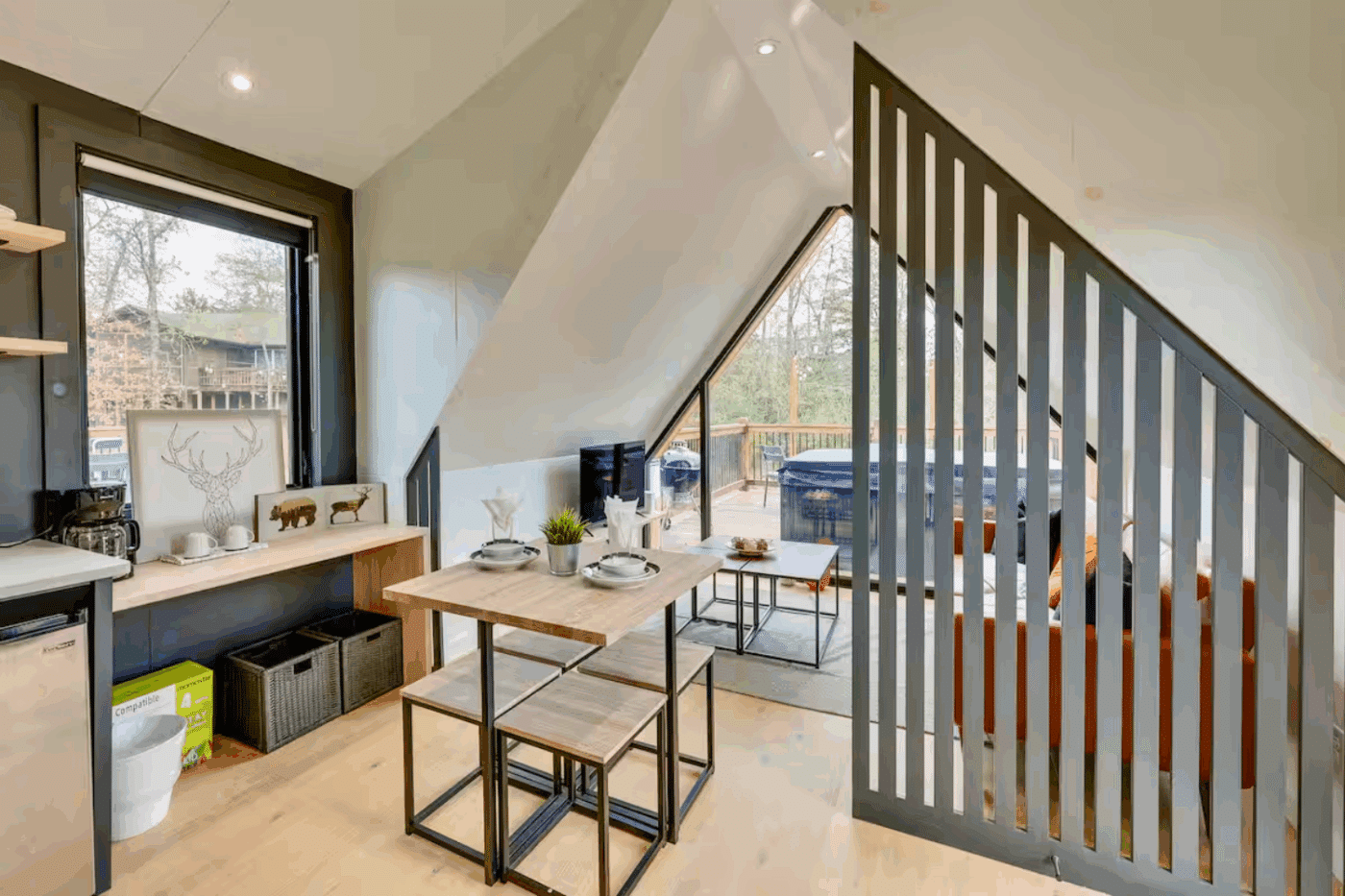 Dining area of A frame park model tiny home in Broken Bow Ok