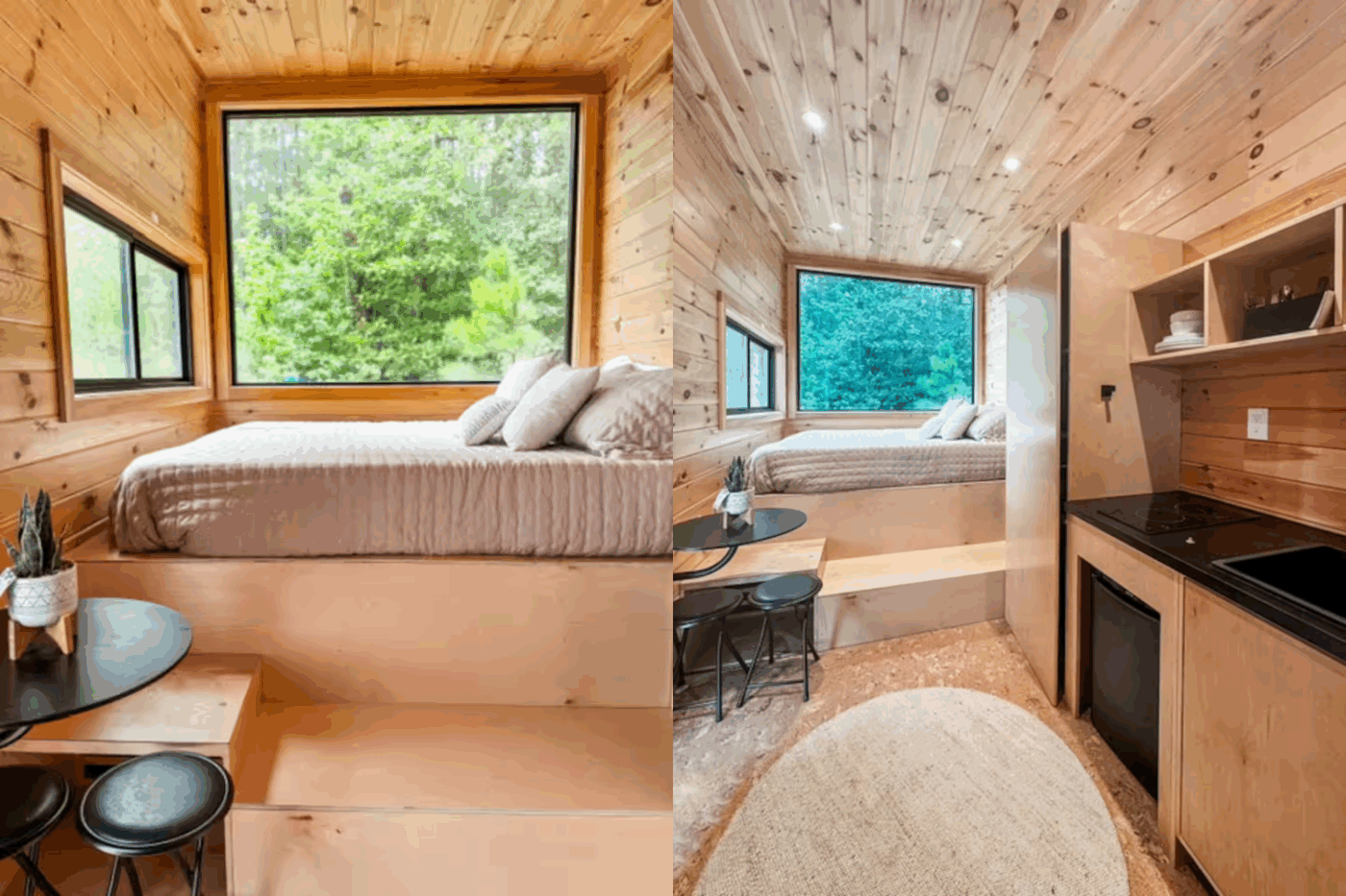 Bedroom and kitchen area in Nook Studio Park model tiny home in Many Louisiana built and designed by Zook Built Cabins