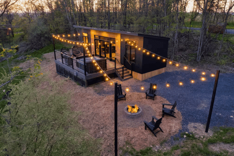 Outdoor hospitality area of Alpine park model tiny home in Pine Creek Township Pennsylvania